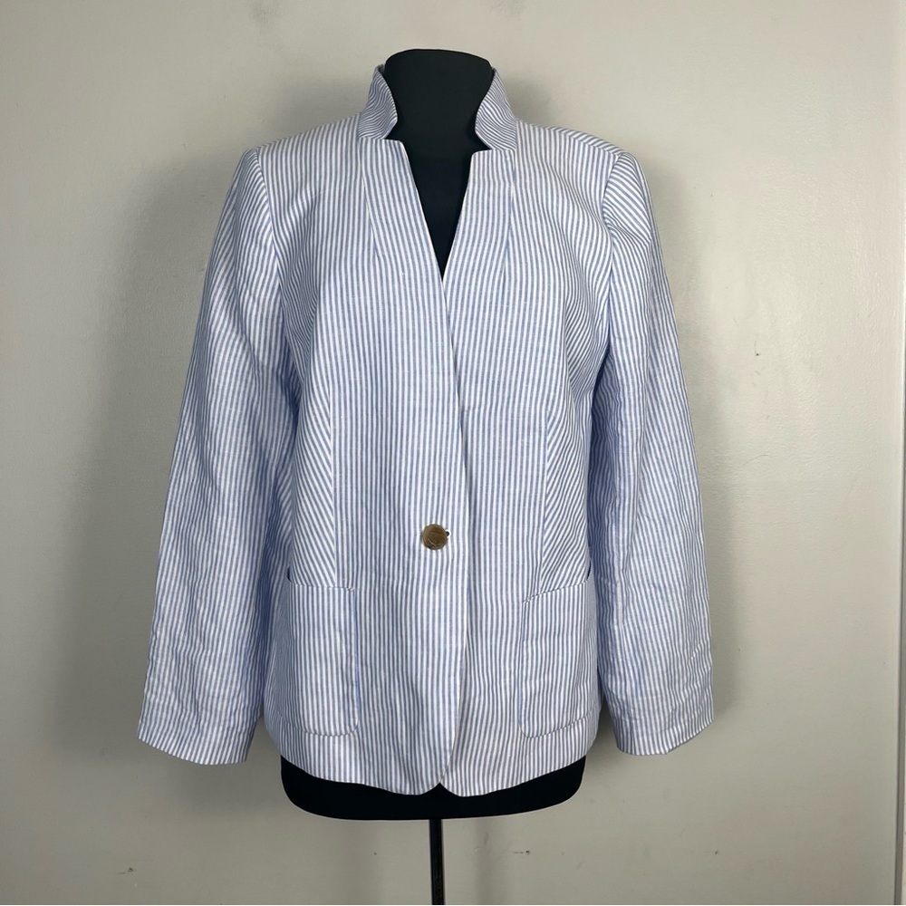 Talbots Blazer Jacket Sz 14 Aberdeen Blue White Striped Linen Cotton